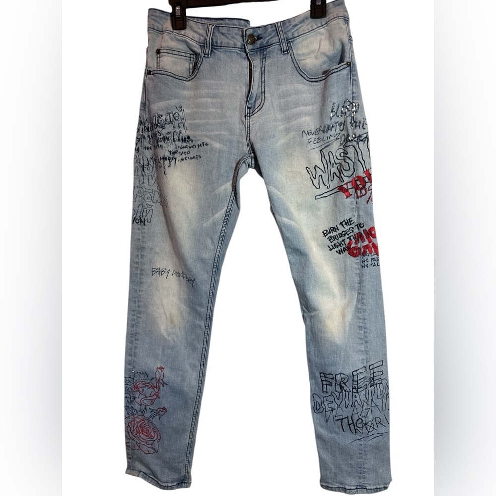 Young & Reckless Jeans Men's 30x30 Blue Denim Cotton Stretch Skinny Leg Zip Fly